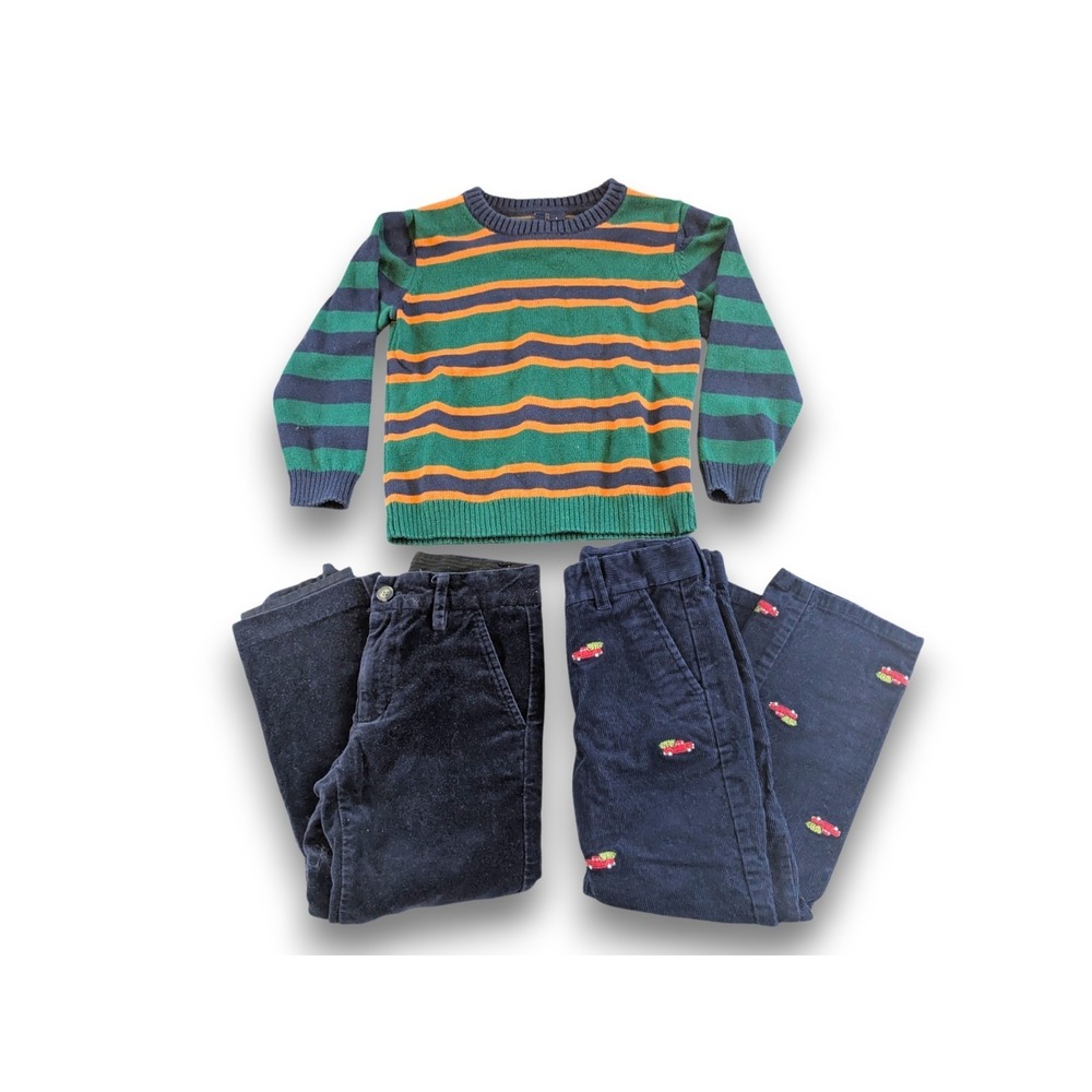 Set Janie and Jack Navy Blue Pants Corduroy Velvet + Striped Sweater Boys 4